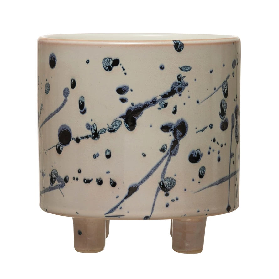 Stoneware Footed Planter with Splatter Design, White & Blue